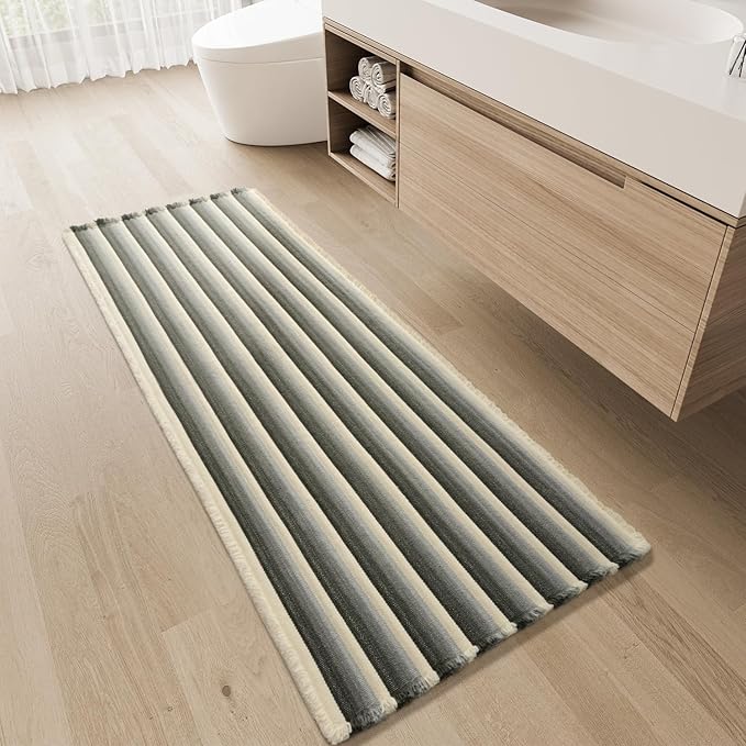 tchdio Striped Bath Mat Runner Rug, 2' x 6', Beige