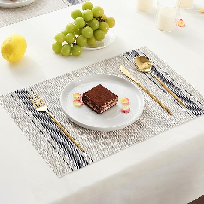 Leetaltree Khaki-Blue Placemats, Heat Resistant Non-Slip Place mats for Dining Table, Washable Durable PVC Vinyl Woven Table Mats (Set of 8)