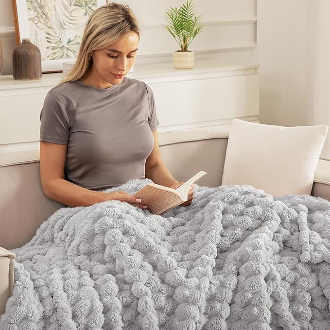Whale Flotilla Throw Blanket for Couch with Jacquard Pattern, Fuzzy Soft Cozy Exquisite Blankets for All Season, Warm and Fluffy, 50x60 Inch, Light Grey