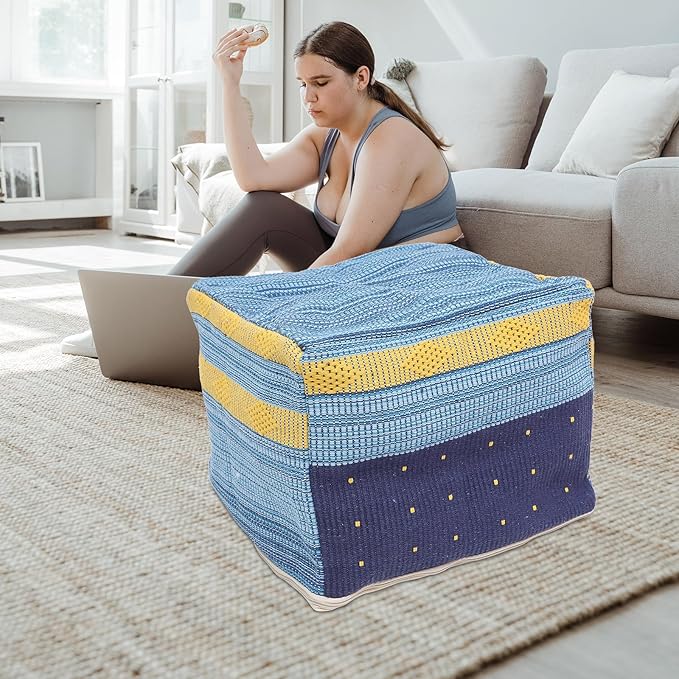VOSAREA Square Pouf Ottoman Cover - Boho Linen Cushion Decorative Unstuffed Thick Cotton Linen Tatami Buttocks Cushion (Sky-Blue)