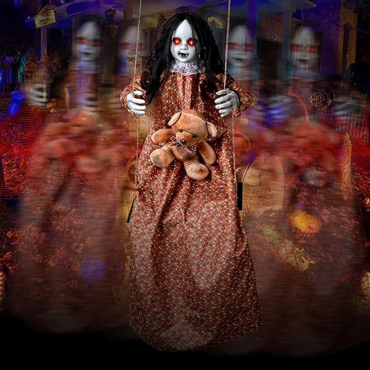 3.75 Ft Scary Halloween Decorations Outdoor, Halloween Hanging Swinging Girl with Sound & Touch Activated/Creepy Sound/Light Up Eyes/Scary Expression, Halloween Decor Props for Indoor Outside