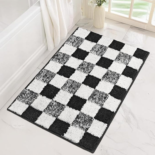 GRANNY SAYS Checkered Black Bathroom Rugs, 36" x 24", Non-Slip Bath Mats for Bathroom, Plush Shag Absorbent Microfiber Ultra Soft Bath Mat, Cute Washable Rug for Tub, Shower, Bedroom