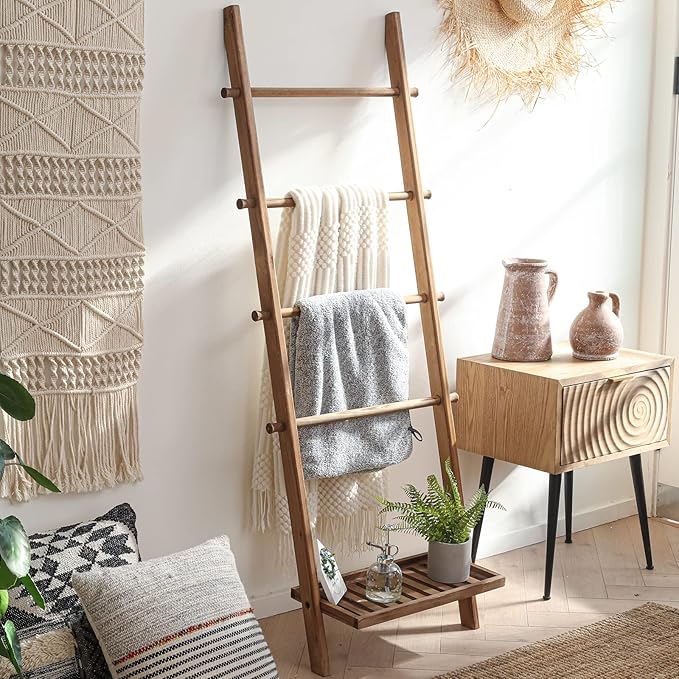 FUIN 5ft Wood Blanket Ladder with Bottom Shelf for Living Room Decorative Wall Leaning Farmhouse Quilt Display Holder Storage Rustic Wooden Towel Rack for Bathroom, Light Brown