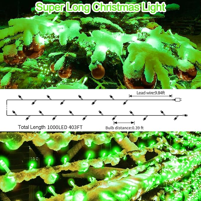 403 FT 1000 LED String Lights Outdoor Decorations Halloween Fairy Lights Waterproof 8 Modes Timer Clear Wire String Lights for Outside House Tree Patio Yard Wedding Party Holiday-Green