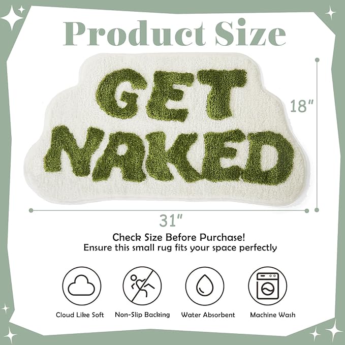 Irregular Get Naked Bath Mat - Funny, Cute Green Sage Rugs, 31" x 18" Non-Slip