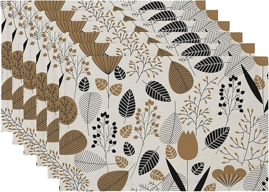 QIYI Boho Placemats Set of 6, 12x18 Inch Linen Fabric Place Mats for Kitchen Dinning, Farmhouse Rustic Graphic Leaves Cloth Table Mats, Brown Washable Placemat Party Table Décor, Botanical Line Art