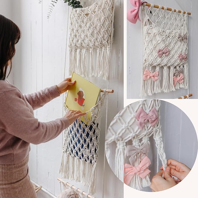 Sasa Macrame Over Door Organizer - 3-Tier Hanging Organizer with Canvas Pouch & Door Hook, Nursery Decor, Kid's Room, Playroom, Dorm, Storage for Stuffed Animals, Plushies, Blankets, Baby Essentials