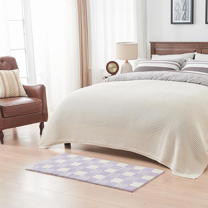 CozeCube Checkered Bath mats Non Slip, Fluffy Absorbent Microfiber Runner Bath mat Washable, Aesthetic Bathroom Rugs, Long Bath mat for Bathroom Floor, Tub and Shower, Purple, 47"X24"