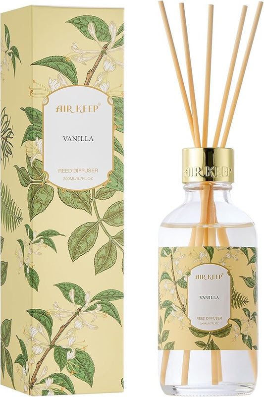 Airkeep Reed Diffuser Oil Set with Reed Sticks,Vanilla Aromatherapy Oil Scent Diffuser for Home Office Bathroom Decoration Perfume and Gifts 6.76 oz/200ml