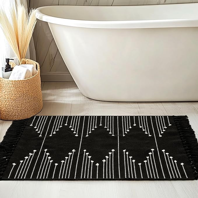 Tritard Boho Entryway Rug 2x3 - Washable Woven Cotton Indoor Throw Rugs with Tassel, Small Aztec Bathroom Kitchen Area Rug Farmhouse Bath Door Mat Low Pile for Doorway, Laundry, Black and White