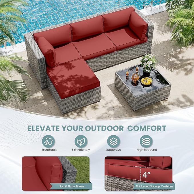 UDPATIO Outdoor Cushions for Patio Furniture with 5 Pillows, Waterproof Patio Furniture Cushions Replacement, 4" Deep Seat Outdoor Sectional Cushion for 4-seat Sofa Couch, Red