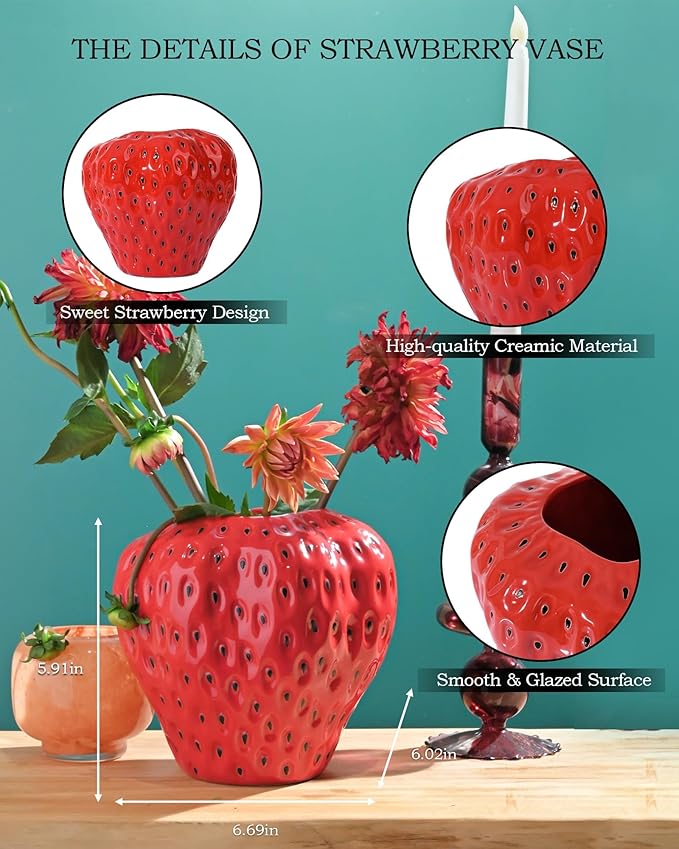 DN DECONATION Red Strawberry Vase, Strawberry Ceramic Flower Vases for Colorful Girly Home Decor, Decorative Cute Vase for Strawberry Party Decorations
