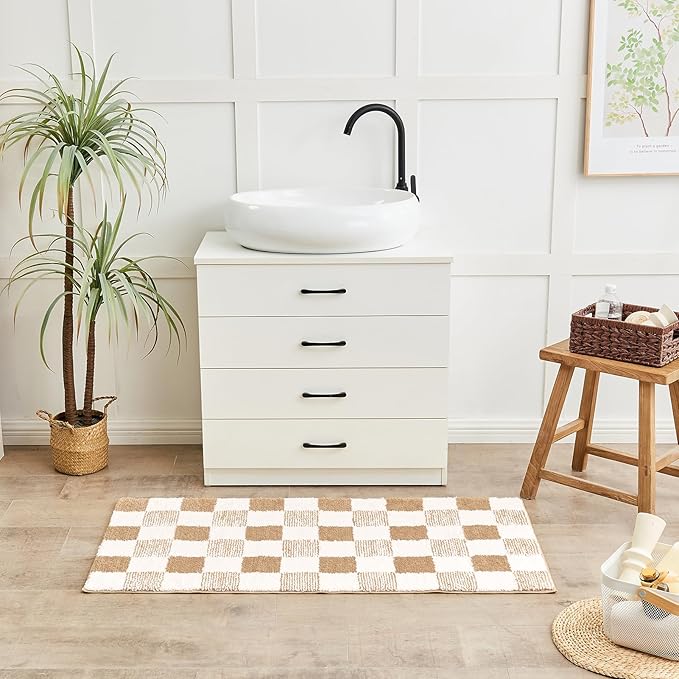 CozeCube Beige Checkered Bath mats Non Slip, Fluffy Absorbent Microfiber Runner Bath mat Washable, Aesthetic Bathroom Rugs, Long Bath mat for Bathroom Floor, 59" x 24"