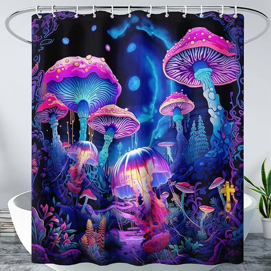 AILONEN Magic Mushroom Shower Curtain,Cartoon Jellyfish Shower Curtain Set for Bathroom,Natural Fungal Bathroom Curtain for Kids Girl,Boho Style Waterproof Fabric Bath Curtain with Hooks, 72" W*96" H