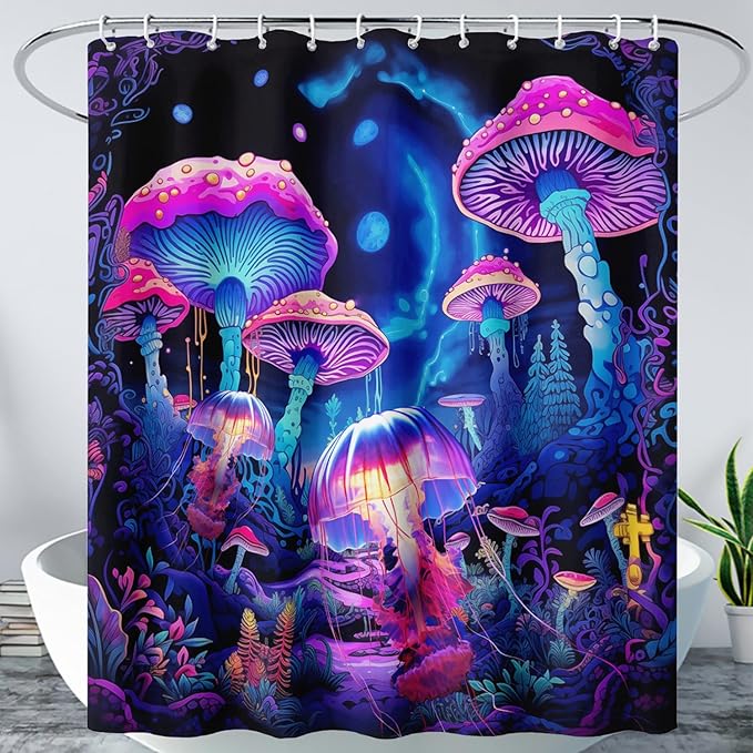 AILONEN Magic Mushroom Shower Curtain,Cartoon Jellyfish Shower Curtain Set for Bathroom,Natural Fungal Bathroom Curtain for Kids Girl,Boho Style Waterproof Fabric Bath Curtain with Hooks, 60" W*72" H