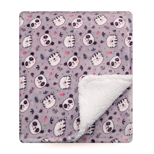 DaysU Plush Flannel Sherpa Baby Blanket for Girls Boys, Portable Reversible Soft Micro Fleece Baby Crib Throw Blanket with Animal Print for Newborn and Nursery, Animal Head, 30"x40"