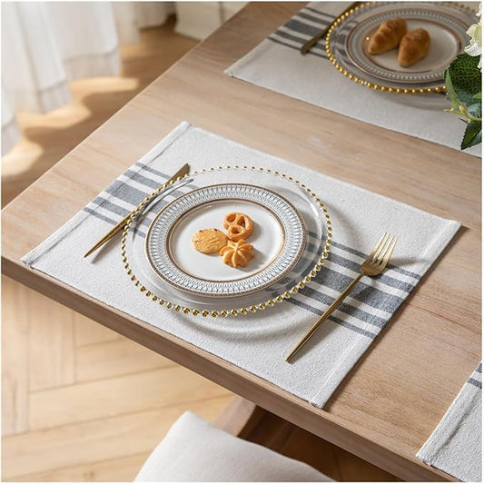 Placemats Set of 6 for Dining Table, Woven Cloth Place Mats for Kitchen Tabletop Décor, Handcrafted Machine Washable Cotton Table mats 13 x 19 Inch, Grey and Beige