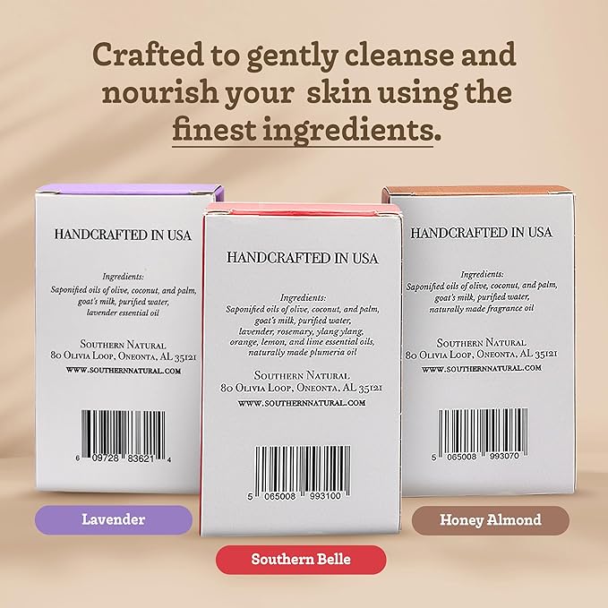 Southern Natural Goat Milk Soap Bar (Variety 3 Pack) Lavender, Southern Bell, Honey Almond - For Dry Sensitive Skin. Great For Face and Body. (Each Bar 4-4.5 oz)