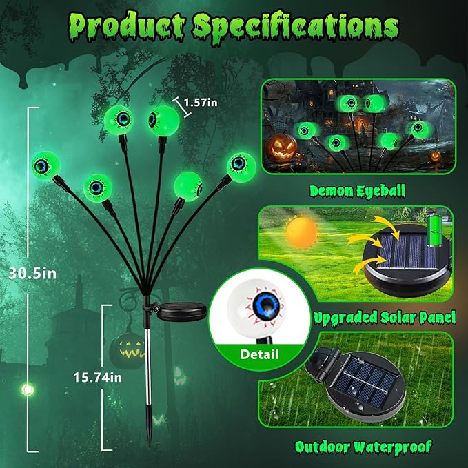 8Pack 48LED Green Solar Halloween Eyeball Lights Outdoor, Solar Garden Lights Outdoor Waterproof, Firefly Light Swaying by Wind with 2 Modes for Pathway Patio Yard Garden Halloween Decorations