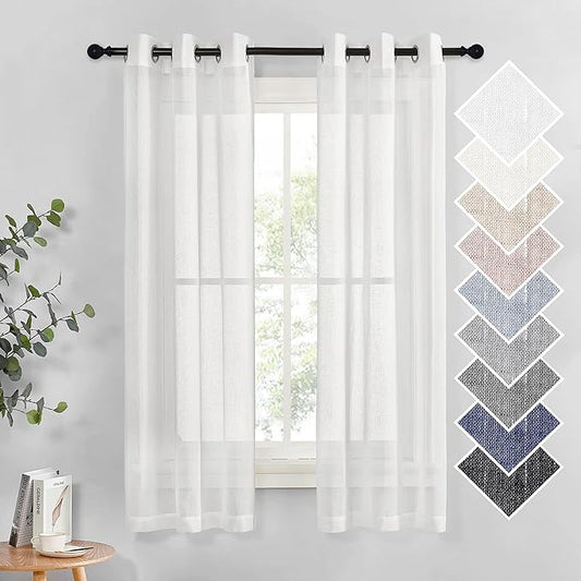 NICETOWN Linen Sheer Curtains Flax Texture for Bedroom Windows, Grommet Semi Sheer Vertical Drapes Privacy with Light Filter for Nursery, White, 36" Wide by 63" Long, 2 Pieces