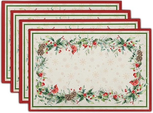 Winter Holly Branches Placemats Set of 4, Xmas Red Birds Pine Cone Dining Table Place Mats Linen Fabric Desk Top 12 x 18 Inch for Seasonal Holiday Home Kitchen Decor