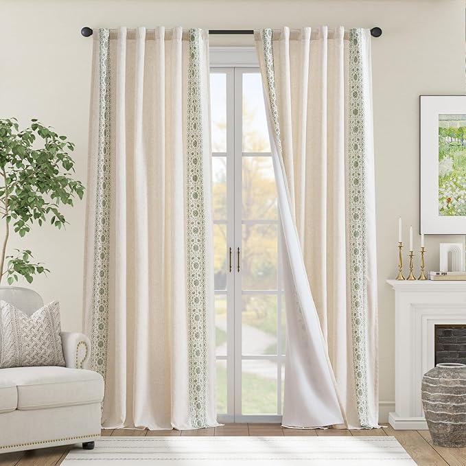 jinchan Boho Lined Linen Curtains for Living Room Sage Green Vintage Floral Farmhouse Curtains 108 Inches Long Linen Blend Drapes for Bedroom Embroidered Extra Long Drapes Sage 2 Panels