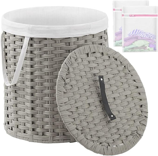 Laundry Hamper with Lid Wicker Laundry Hamper Round 26.5 Gal (100 L) Laundry Basket Handwoven Rattan Laundry Basket with Removable Bag Handles 2 Mesh Bags for Living Room Bedroom Gray