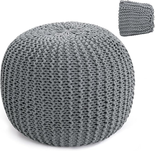 HOMBYS Unstuffed Ottoman Pouf Cover, 100% Cotton Handmade Knitted Ottoman Pouf Cover Round Foot Stool, Floor Bean Bag Chair, Foot Rest Storage for Living Room Bedroom, Light Grey(Cover ONLY NO Filler)