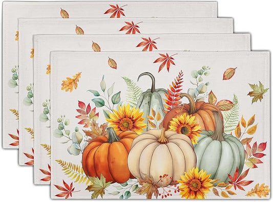 Pumpkins Maple Leaves Placemats Set of 4 Sunflowers Autumn Thanksgiving Table Mats 12 x 18 Inch Farmhouse Decoration for Party Dining Kitchen
