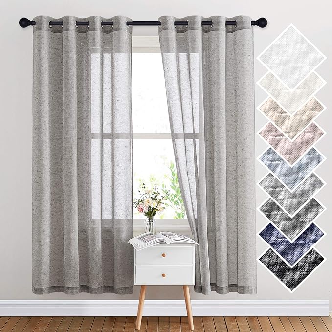 NICETOWN Sheer Curtains Open Linen Blend for Bedroom Windows, Grommet Natural Linen Flax Texture Privacy with Light Filter Vertical Drapes for Living Room, Charcoal Grey, W52 x L72, 2 Panels