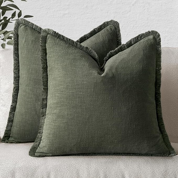 MIULEE Decorative Throw Pillow Covers Neutral Linen Fringe Throw Pillows Set of 2 Rifle Green Boho Farmhouse Cushion Covers with Tassels for Couch Sofa Bed Living Room Spring Home Decor 20x20 Inch