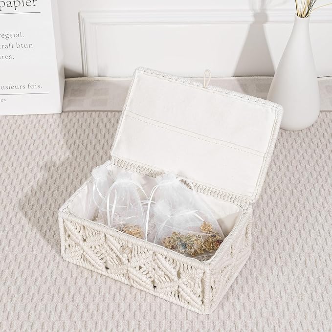 ANMINY Macrame Storage Basket with Lid & 25Pcs Organza Gift Bags Bohemian Jewelry Box Handmade Woven Natural Cotton Rope Lidded Bin Decorative Desktop Organizer Countertop Tank Shelf Cabinet Container