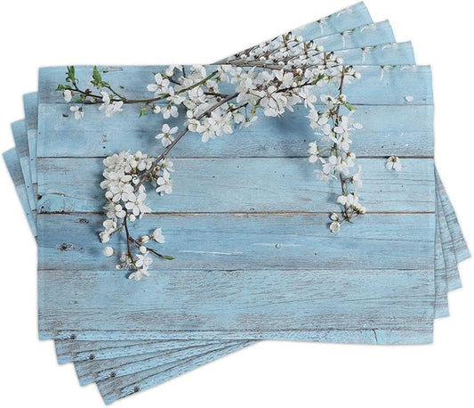 Ambesonne Rustic Place Mats Set of 4, Branch Blooming Warm Season Flowers on Wooden Fragility of Spring, Washable Fabric Placemats for Dining Table, Standard Size, Blue