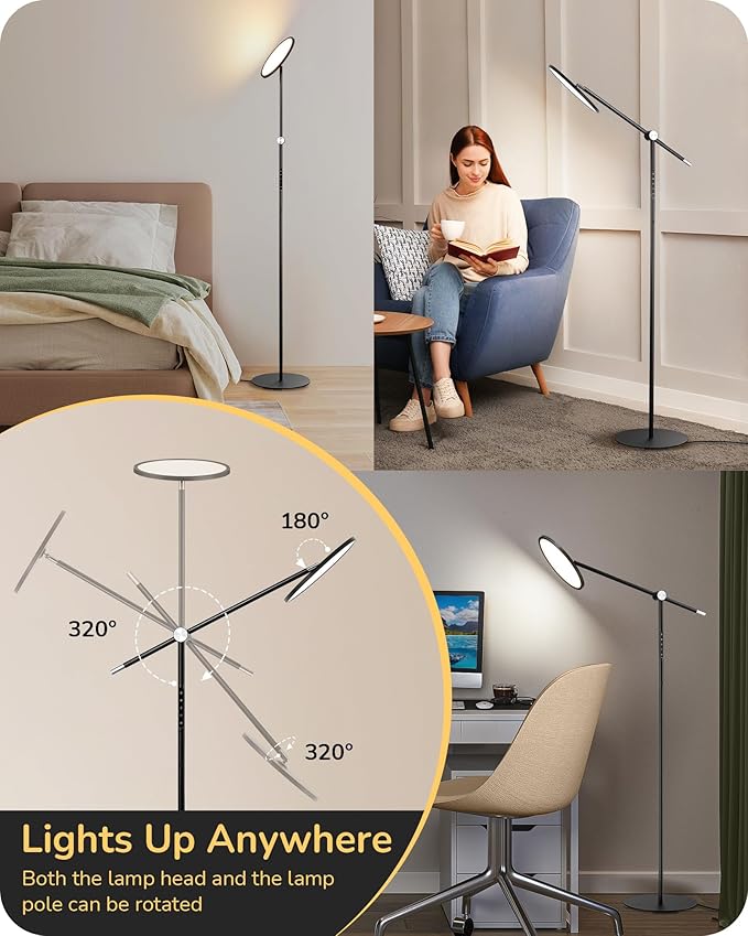 EDISHINE LED Floor Lamp for Reading, 1600LM Bright Dimmable Lamp with Type-C Port, Head & Arm Rotating, 3000K-6000K Tall Modern Minimalist Standing Light for Living Room, Bedroom, Office, Black