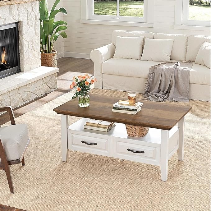 Marsail Farmhouse Coffee Table with Storage, 39.4" Wood Coffee Table for Living Room, Rustic Center Table with 2 Drawers, Open Display Area, Brown&White