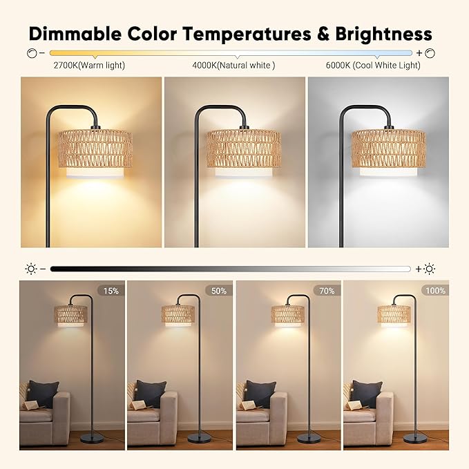 PARTPHONER 68‘’Floor Lamp for Living Room with 3 Color Temperatures, Farmhouse Standing Lamp with Remote & Dimmable Bulb, Boho Lamp Rattan & Fabric Shades, Black