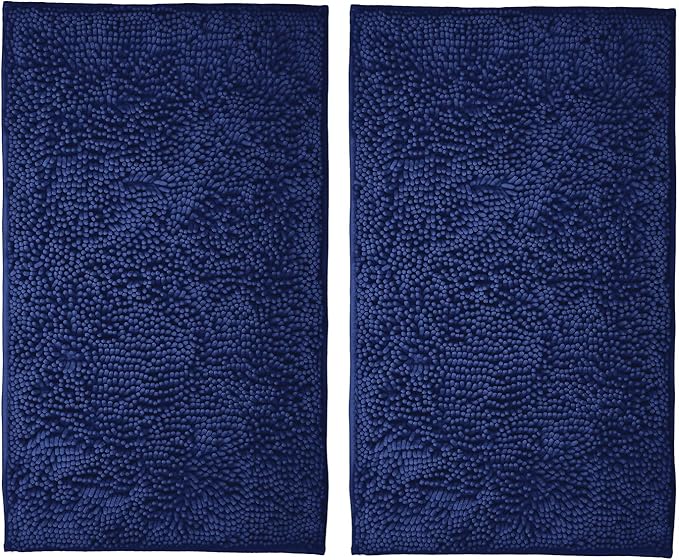 Bathroom Rugs Sets 2 Piece Washable, Luxury ，Chenille Bath Mat Set, Soft Plush Anti-Slip Rectangular Bath， Rug Super Absorbent. (Navy Blue, 32"x20"+32"x20")