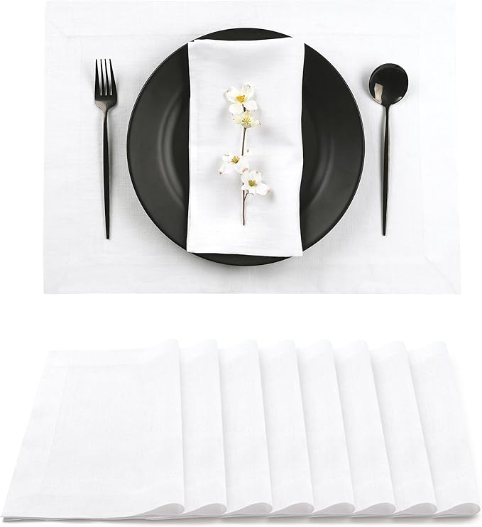 D'Moksha Homes Linen White Placemats Set of 8-100% Pure Linen Placemats 14 x 19 Inch for Summer - Handcrafted and Machine Washable