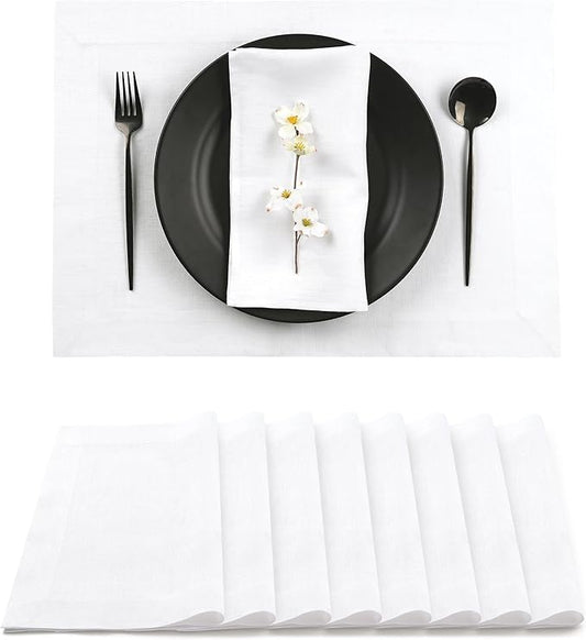 D'Moksha Homes Linen White Placemats Set of 8-100% Pure Linen Placemats 14 x 19 Inch for Summer - Handcrafted and Machine Washable