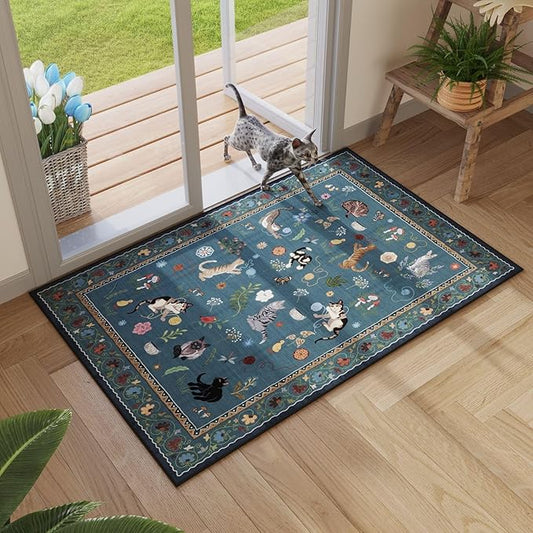 Door Mat Indoor Entrance 2x3 Rug Machine Washable Boho Floral Animal Cat Small Area Rug Non-Slip Low Pile Throw Rugs for Entryway Kitchen Front Door Indoor Entry Kids Room, Pearl Gentian Blue
