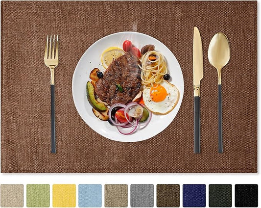 Romanstile Cloth Placemats Set of 4-12 x 18 Inch, Heat Resistant Double Layered Thickened Burlap Place Mats, Washable Linen Farmhouse Table Mats for Kitchen/Dining/Party/Outdoor, Dark Brown