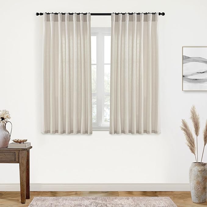 XTMYI Back Tab/Hook Belt Linen Cotton Sheer Curtains for Bedroom 2 Panels,45 Inch Length,Oatmeal Beige