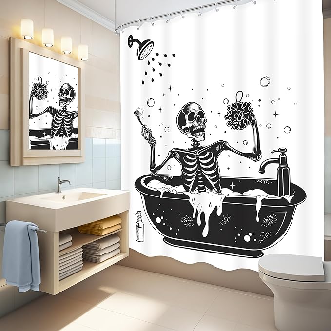 LGhtyro Funny Skull Shower Curtain Bathroom Set 71Wx71H Inches Black White Gothic Skeleton Bone Bathing in Bathtub Bubbles Spooky Cool Bath Accessories for Men Boys Art Home Decor Fabric 12 Pack Hooks