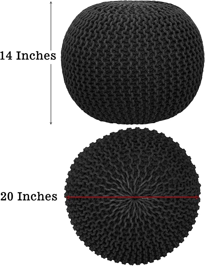 COTTON CRAFT Round Pouf - Hand Knitted Cotton Braid Cord Cable Dori Ottoman - Foot Stool - Floor Pouf Footrest Accent Seat Furniture Bean Bag - Living Room Kids Room Nursery Dorm Décor - 20x14 - Black