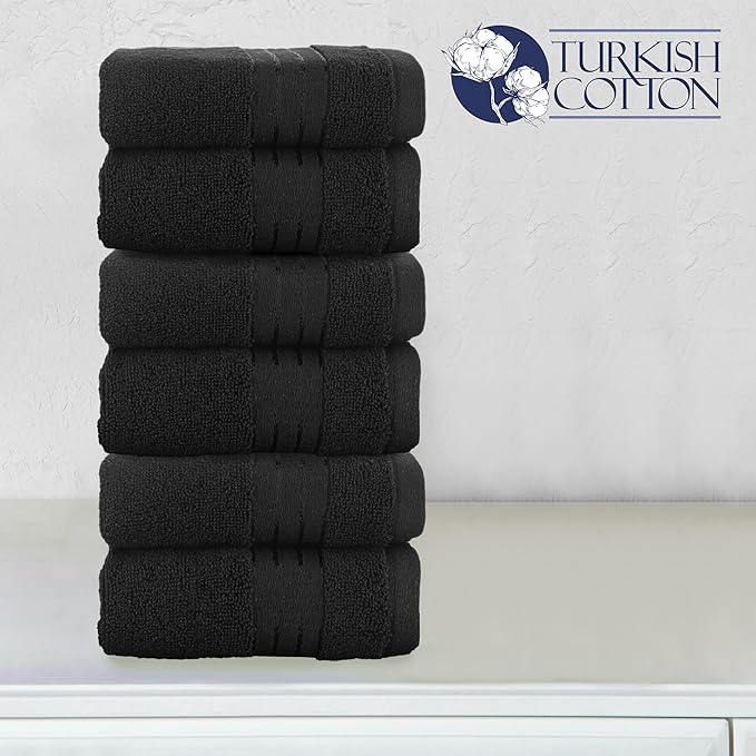 Elegant Comfort Premium Turkish Cotton 6 Pack Washcloths Set - 13 x 13 inch, Luxurious Hotel Spa Quality 100% Turkish Cotton 6PC Washcloth Set - Highly Absorbent - Soft Bathroom Towels, Black