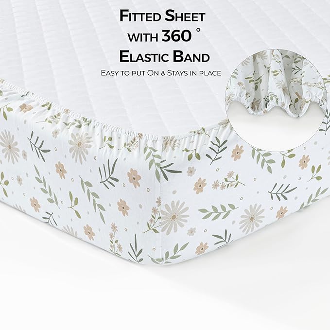 Baby Crib Fitted Sheet, 100% Cotton Knitted Jersey, Fit Standard Crib Mattresses, Fitted Crib Sheets, Super Soft, Toddler Fitted Sheet, Unisex,2 Pack,Green/Flowers, 28x52x9'