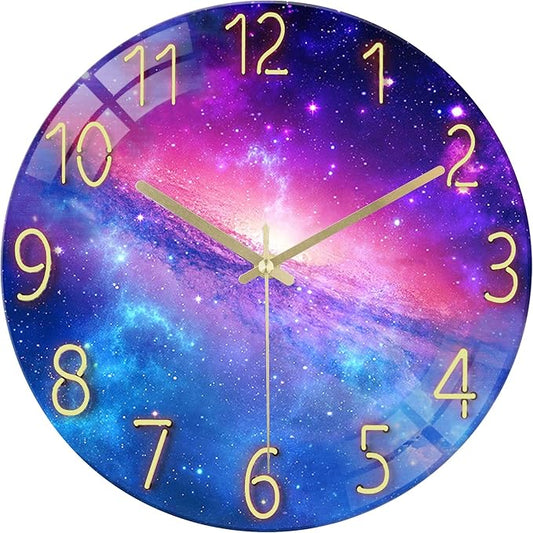 Lafocuse 12 Inch Silent Purple Wall Cloks Battery Operated for Bedroom, Cool Space Galaxy Analog Clock for Living Room Decor, Glass