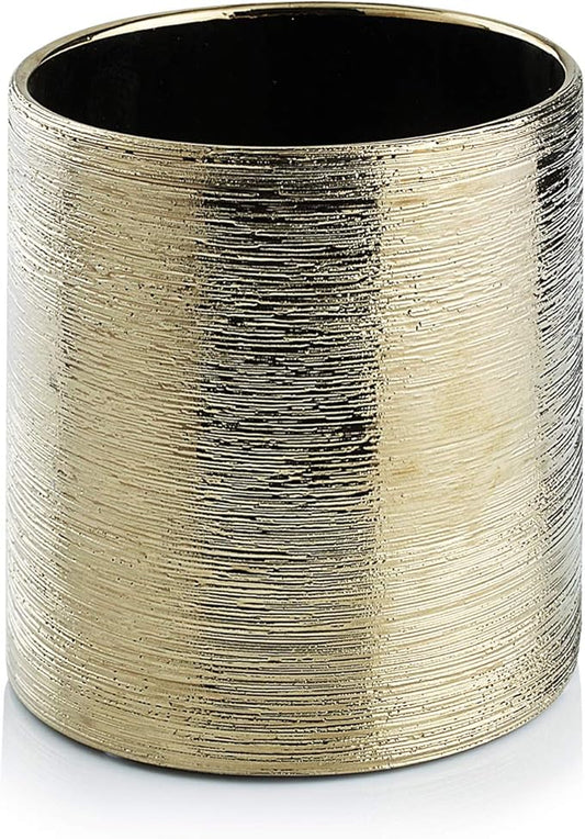 WGVI Gold Etched Ceramic Cylinder Vase Width 3.75" Height 4", Flower Arrangements, Candle Holder, Terrarium Planter Pot, Storage Container Organizer, Pen Brush Holder, Scratched Texture, 1 Piece