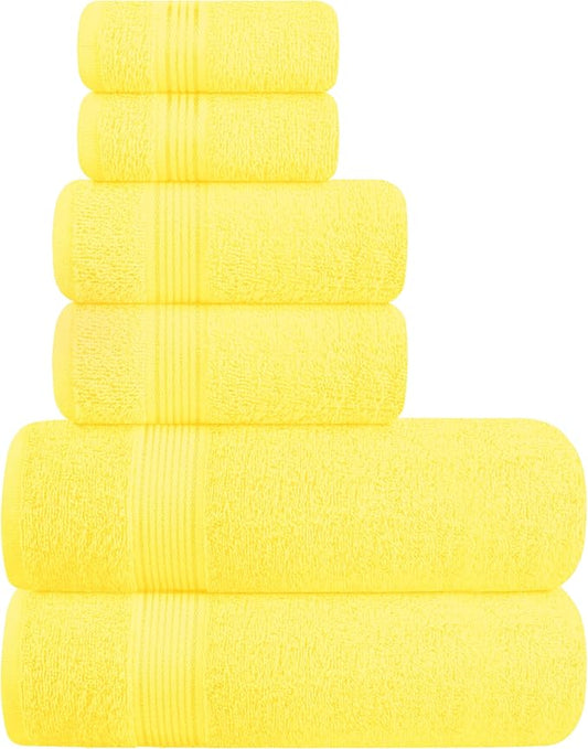 Belizzi Home Ultra Soft 6 Pack Cotton Towel Set, Contains 2 Bath Towels 28x55 inch, 2 Hand Towels 16x24 inch & 2 Wash Coths 12x12 inch, Ideal for Everyday use, Compact & Lightweight - Yellow