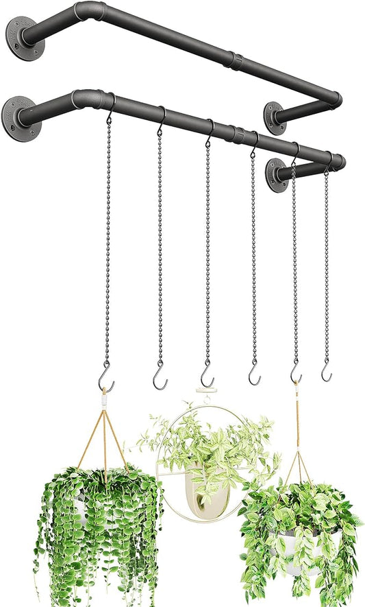 Plant Hanger Indoor, 2 Pack Hanging Planters Rod for Indoor Plants with 6 Hanging Chains, Wall Plant Hanging Rod for Window Ceiling, 38.2 Inch, Metal/Black, Pots Not Included